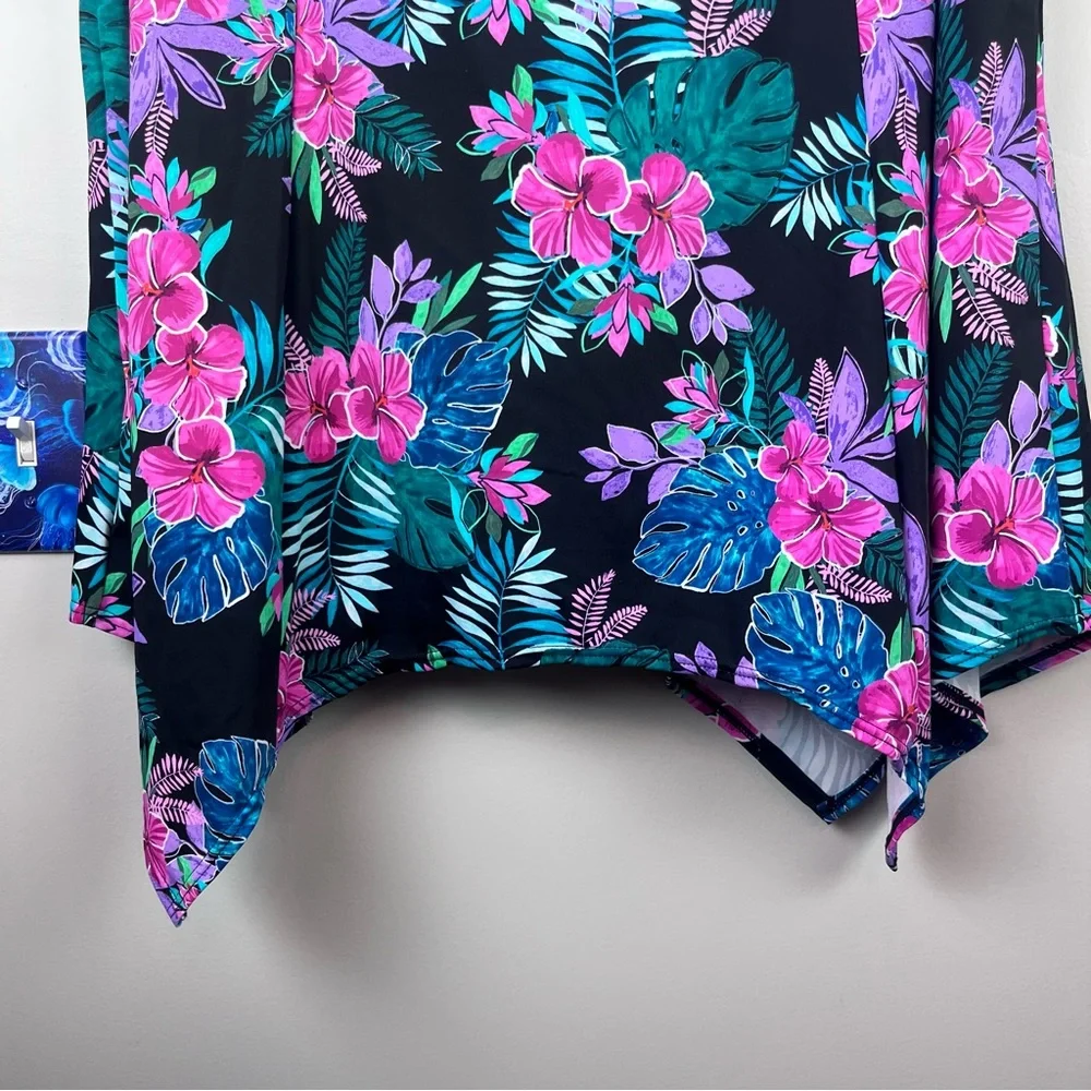 Tropical Floral Mesh-Trim Swim Coverup in Black & Pink